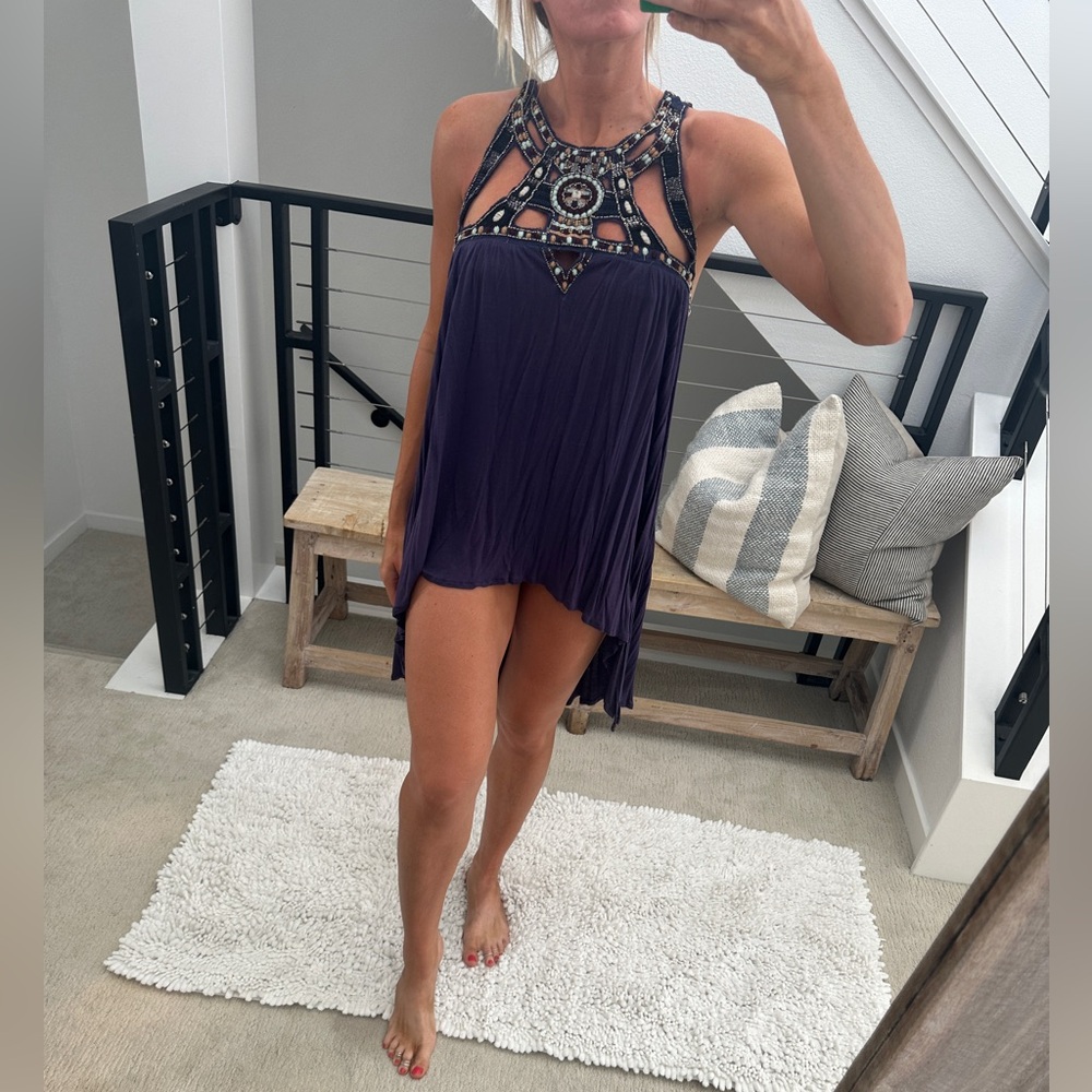 Free People Purple Beaded Boho Festival Tunic Bikini Cover-Up Top Size S